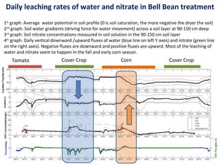Daily leaching rates of water and nitrate in Bell Bean treatment 
1st graph: Average water potential in soil profile (0 is soil saturation, the more negative the dryer the soil) 
2nd graph: Soil water gradients (driving force for water movement) across a soil layer at 90-150 cm deep 
3rd graph: Soil nitrate concentrations measured in soil solution in the 90-150 cm soil layer 
4th graph: Daily vertical downward /upward fluxes of water (blue line on left Y axes) and nitrate (green line 
on the right axes). Negative fluxes are downward and positive fluxes are upward. Most of the leaching of 
water and nitrate seem to happen in the fall and early corn season. 
Tomato Cover Crop Corn Cover Crop 
 