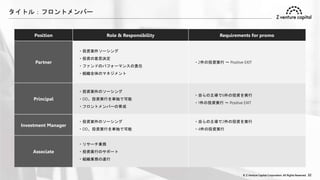 © Z Venture Capital Corporation. All Rights Reserved. 32
Position Role & Responsibility Requirements for promo
Partner
・投資案件ソーシング
・投資の意思決定
・ファンドのパフォーマンスの責任
・組織全体のマネジメント
・2件の投資実行 ～ Positive EXIT
Principal
・投資案件のソーシング
・DD、投資実行を単独で可能
・フロントメンバーの育成
・自らの主導で6件の投資を実行
・1件の投資実行 ～ Positive EXIT
Investment Manager
・投資案件のソーシング
・DD、投資実行を単独で可能
・自らの主導で2件の投資を実行
・4件の投資実行
Associate
・リサーチ業務
・投資実行のサポート
・組織業務の遂行
タイトル：フロントメンバー
 