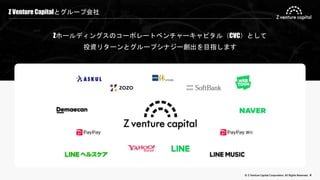 © Z Venture Capital Corporation. All Rights Reserved. 4
Z Venture Capitalとグループ会社
Zホールディングスのコーポレートベンチャーキャピタル（CVC）として
投資リターンとグループシナジー創出を目指します
 