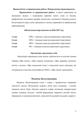 Правоосвітня та правовиховна робота. Попередження правопорушень
Правоосвітня та правовиховна робота в школі спрямована на
виконання завдань з підвищення правової освіти учнів та батьків,
профілактики негативних проявів, насильства, злочинності, безпритульності,
бездоглядності серед учнів, проводяться заходи, спрямовані на профілактику
правопорушень.
Забезпечення підручниками на 2016-2017 н.р.
1 клас 100% + німецька мова (альтернативні підручники)
2 клас 100% + німецька мова (альтернативні підручники)
3 клас 100% + німецька мова (альтернативні підручники)
4 клас 50% + німецька мова (альтернативні підручники)
Організація харчування учнів
Організація харчування учнів школи здійснюється на підставі законів
України «Про освіту», «Про охорону дитинства», «Про державну допомогу
сім’ям з дітьми», «Про соціальний статус і соціальний захист громадян, які
постраждали в наслідок катастрофи на ЧАЕС», «Про дитяче харчування».
Медичне обслуговування
Медичне обслуговування учнів є одним з пріоритетних напрямків
діяльності школи. Поліпшення здоров’я дітей, його підтримка – головне
завдання школи. Курс «Основи здоров’я» сприяє активному використанню
учнями основних методів і засобів формування здорового способу життя,
збереження та зміцнення фізичної, соціальної й духовної складових здоров’я.
8
 