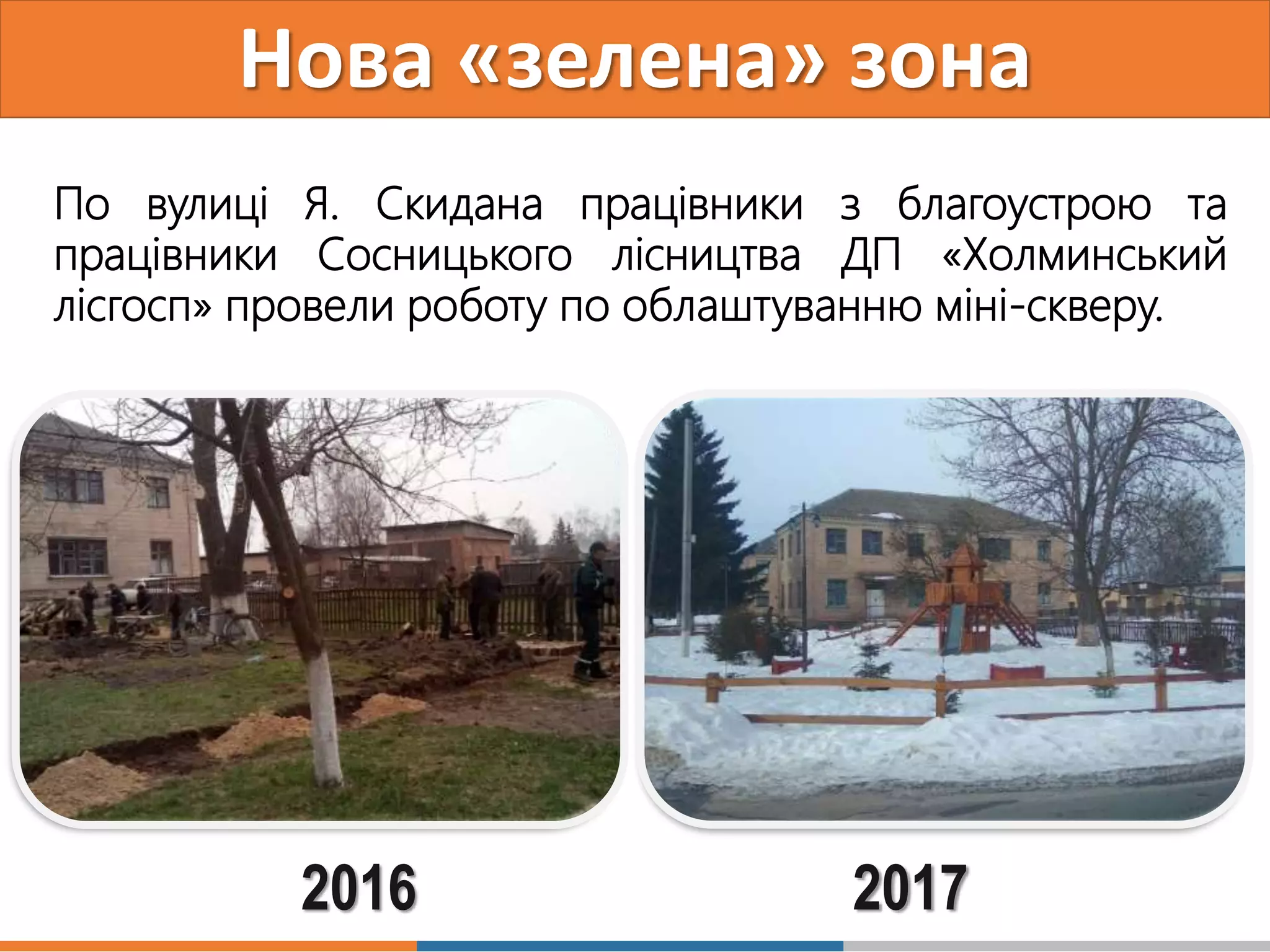 Нова «зелена» зона
2016 2017
По вулиці Я. Скидана працівники з благоустрою та
працівники Сосницького лісництва ДП «Холминський
лісгосп» провели роботу по облаштуванню міні-скверу.
 