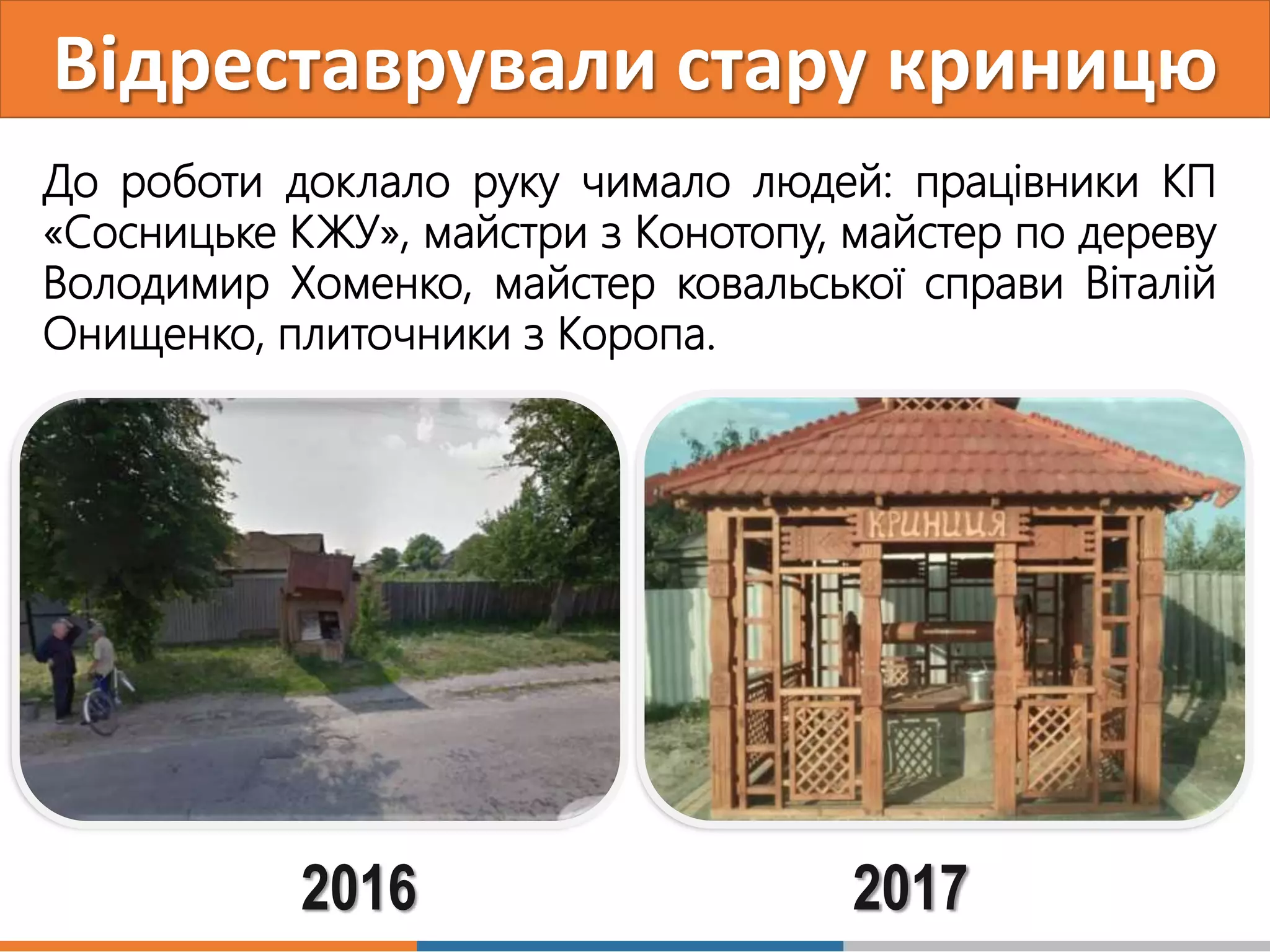 Відреставрували стару криницю
2016 2017
До роботи доклало руку чимало людей: працівники КП
«Сосницьке КЖУ», майстри з Конотопу, майстер по дереву
Володимир Хоменко, майстер ковальської справи Віталій
Онищенко, плиточники з Коропа.
 