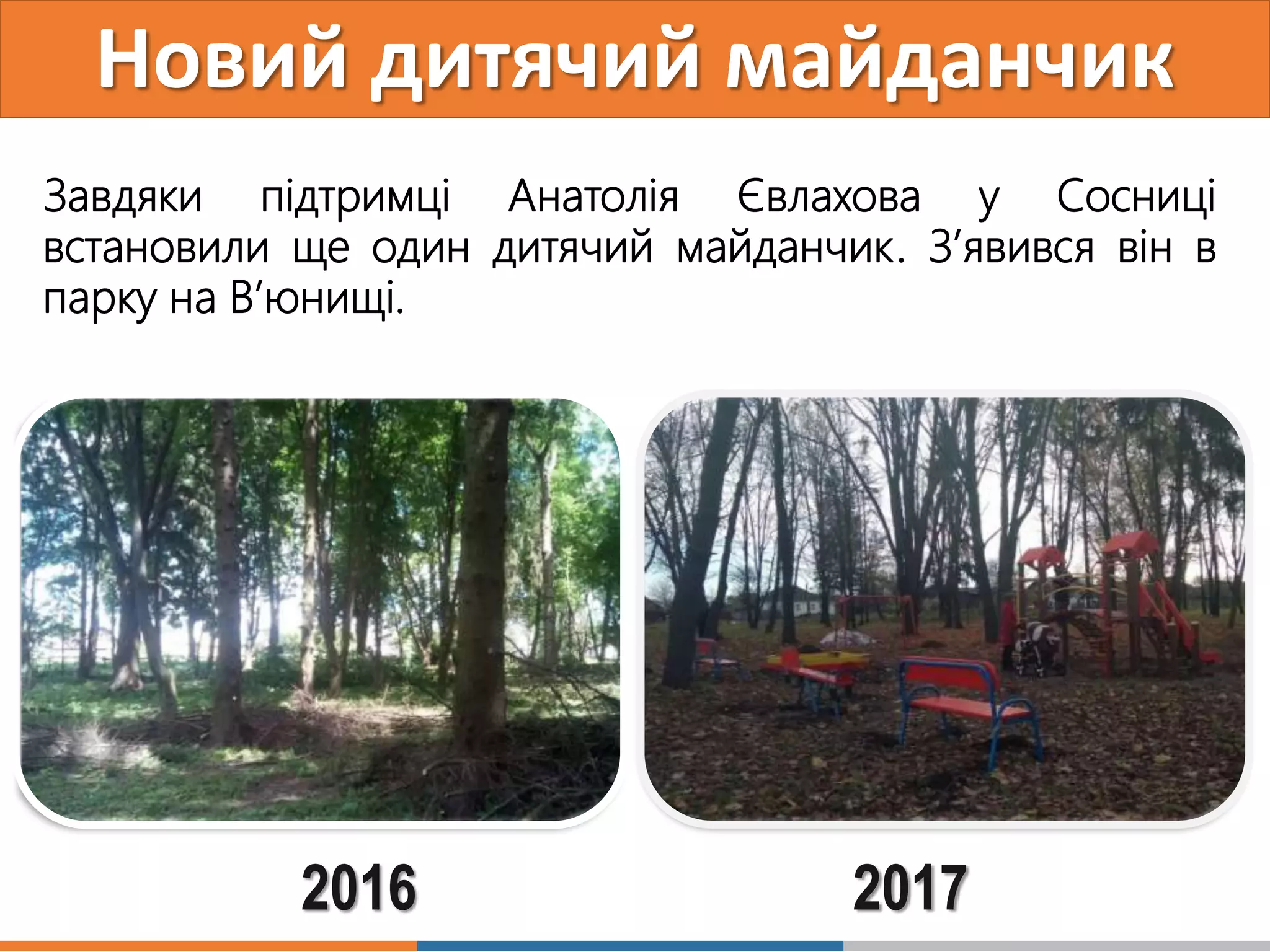 Новий дитячий майданчик
2016 2017
Завдяки підтримці Анатолія Євлахова у Сосниці
встановили ще один дитячий майданчик. З’явився він в
парку на В’юнищі.
 