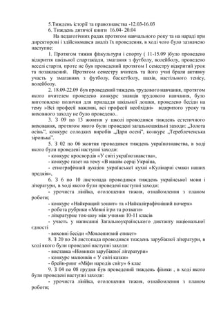 5.Тиждень історії та правознавства -12.03-16.03
6. Тиждень дитячої книги 16.04- 20.04
На педагогічних радах протягом навчального року та на нараді при
директорові і здійснювався аналіз їх проведення, в ході чого було зазначено
наступне:
1. Протягом тижня фізкультури і спорту ( 11-15.09 )було проведено
відкриття шкільної спартакіади, змагання з футболу, волейболу, проведено
веселі старти, проте не був проведений протягом І семестру відкритий урок
та позакласний. Протягом семестру вчитель та його учні брали активну
участь у змаганнях з футболу, баскетболу, шахів, настільного тенісу,
волейболу.
2. 18.09-22.09 був проведенийтиждень трудового навчання, протягом
якого вчителем проведено конкурс знавців трудового навчання, було
виготовлено полички для приладдя шкільної дошки, проведено бесіди на
тему »Всі професії важливі, всі професії необхідні» відкритого уроку та
виховного заходу не було проведено..
3. З 09 по 13 жовтня у школі проводився тиждень естетичного
виховання, протягом якого були проведені загальношкільні заходи: „Золота
осінь”, конкурс солодких виробів „Дари осені”, конкурс „Тереблеченська
зіронька”.
5. З 02 по 06 жовтня проводився тиждень українознавства, в ході
якого були проведені наступні заходи:
- конкурс кросвордів «У світі українознавства»,
- конкурс газет на тему «В нашім серці Україна,
- етнографічний аукціон української кухні «Кулінарні смаки наших
предків»,
6. З 6 по 10 листопада проводився тиждень української мови і
літератури, в ході якого були проведені наступні заходи:
- урочиста лінійка, оголошення тижня, ознайомлення з планом
роботи;
- конкурс «Найкращий зошит» та «Найкаліграфічніший почерк»
- робота рубрики «Мовні ігри та розваги»
- літературне ток-шоу між учнями 10-11 класів
- участь у написанні Загальноукраїнського диктанту національної
єдності
- виховні бесіди «Мовленнєвий етикет»
8. З 20 по 24 листопада проводився тиждень зарубіжної літератури, в
ході якого були проведені наступні заходи:
- виставка «Новинки зарубіжної літератури»
- конкурс малюнків « У світі казки»
- брейн-ринг «Міфи народів світу» 6 клас
9. З 04 по 08 грудня був проведений тиждень фізики , в ході якого
були проведені наступні заходи:
- урочиста лінійка, оголошення тижня, ознайомлення з планом
роботи;
 