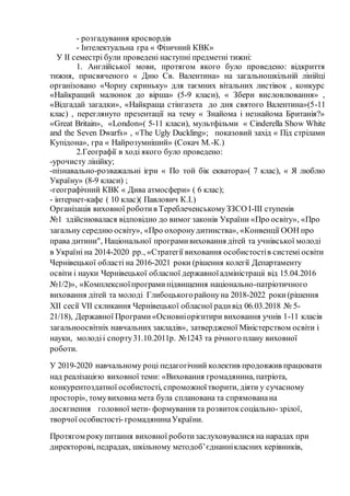 - розгадування кросвордів
- Інтелектуальна гра « Фізичний КВК»
У ІІ семестрі були проведені наступні предметні тижні:
1. Англійської мови, протягом якого було проведено: відкриття
тижня, присвяченого « Дню Св. Валентина» на загальношкільній лінійці
організовано «Чорну скриньку» для таємних вітальних листівок , конкурс
«Найкращий малюнок до вірша» (5-9 класи), « Збери висловлювання» ,
«Відгадай загадки», «Найкраща стінгазета до дня святого Валентина»(5-11
клас) , переглянуто презентації на тему « Знайома і незнайома Британія?»
«Great Britain», «London»( 5-11 класи), мультфільми « Cinderella Show White
and the Seven Dwarfs» , «The Ugly Duckling»; показовий захід « Під стрілами
Купідона», гра « Найрозумніший» (Сокач М.-К.)
2.Географії в ході якого було проведено:
-урочисту лінійку;
-пізнавально-розважальні ігри « По той бік екватора»( 7 клас), « Я люблю
Україну» (8-9 класи) ;
-географічний КВК « Дива атмосфери» ( 6 клас);
- інтернет-кафе ( 10 клас)( Павлович К.І.)
Організація виховної роботив ТереблеченськомуЗЗСО І-ІІІ ступенів
№1 здійснювалася відповідно до вимог законів України «Про освіту», «Про
загальну середню освіту», «Про охоронудитинства», «Конвенції ООН про
права дитини", Національної програмивиховання дітей та учнівської молоді
в Україні на 2014-2020 рр., «Стратегії виховання особистостів системі освіти
Чернівецької області на 2016-2021 роки (рішення колегії Департаменту
освіти і науки Чернівецької обласної державноїадміністраціі від 15.04.2016
№1/2)», «Комплексноїпрограмипідвищення національно-патріотичного
виховання дітей та молоді Глибоцькогорайонуна 2018-2022 роки(рішення
ХІІ сесії VІІ скликання Чернівецької обласної радивід 06.03.2018 № 5-
21/18), Державної Програми«Основніорієнтири виховання учнів 1-11 класів
загальноосвітніх навчальних закладів», затвердженої Міністерством освіти і
науки, молодіі спорту31.10.2011р. №1243 та річного плану виховної
роботи.
У 2019-2020 навчальному році педагогічний колектив продовжив працювати
над реалізацією виховної теми: «Виховання громадянина, патріота,
конкурентоздатної особистості, спроможноїтворити, діяти у сучасному
просторі», томувиховна мета була спланована та спрямованана
досягнення головної мети- формування та розвитоксоціально-зрілої,
творчої особистості-громадянинаУкраїни.
Протягом рокупитання виховної роботизаслуховувалися на нарадах при
директорові, педрадах, шкільному методоб’єднаннікласних керівників,
 