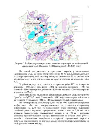 63
Рисунок 5.3 – Розташування руслових шлюзів-регуляторів на меліоративній
мережі території Шацького НПП (станом на 01.11.2019 року)
На даний час склалася несприятлива ситуація у використанні
меліорованих угідь, до яких приурочені понад 60 % сільськогосподарських
угідь території парку, по Шацькому району ця цифра сягає 75 %, третина яких
не використовується за призначенням та заростає лісом та чагарниками (табл.
5.2).
У районі осушується сільськогосподарських угідь 9951 га (закритим
дренажем – 3966 га). з них: ріллі – 3472 га (закритим дренажем – 1940 га);
сіножаті – 3586 га (закритим дренажем – 1399 га); пасовищ – 2893 га (закритим
дренажем – 627 га).
Найбільші площі осушуваних сільськогосподарських угідь на території
Прип’ятської (2378,7 га) та Піщанської (1959,2 га) сільських рад, найменші –
на території Пулемецької (222 га) і Пульмівської (186 га) сільських рад.
На території Шацького району 6,019 тис. га (60,5 %) використовуються
неефективно або не використовуються в сільськогосподарському
виробництві. На 2,33 тис. га меліорованих площ необхідно підвищити
технічний рівень існуючих осушувальних систем; з них на 2,14 тис. га –
провести реконструкцію осушувальної мережі, а на 191 га – виконати
комплекс культуртехнічних заходів. Невиконання за останні роки робіт і
заходів з підтримання внутрішньогосподарської осушувальної мережі в
робочому стані призвело до значного спаду продуктивності землеробства на
меліорованих землях району.
 