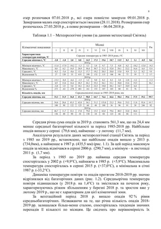 8
озер розпочався 07.01.2018 р., всі озера повністю замерзли 09.01.2018 р.
Замерзання малих озер спостерігається і восени (28.11.2018). Розмерзання озер
розпочалось 27.03.2018 р., а повне розмерзання – 06.04.2018 р.
Таблиця 1.1 – Метеорологічні умови (за даними метеостанції Світязь)
Кліматичні показники
Місяці
Рік
І ІІ ІІІ ІV V VІ VІІ VIII IX X XІ XІІ
Характеристики
температури повітря, о
С
Середня температура за 1985–2018 роки, t°С
Середня місячна t, °С -2,8 -1,8 2,0 8,8 14,5 17,3 19,6 18,7 13,5 8,3 3,1 -0,9 8,4
2018 р.
Мінімум місячна t, °С -11,4 -17,9 -18,2 -1,3 5,3 3,8 9,7 7,5 -0,8 0,2 -10,2 -13,4 -18,2
Максимум t, °С 8,8 6,2 14,5 28,9 30,4 30,7 31,2 32,0 28,1 22,2 16,4 6,4 32,0
Середня t, °С -0,3 -3,6 -0,6 13,3 17,7 19,2 20,3 20,8 15,8 9,9 3,3 0,2 9,8
Відхилення % 27 120 33 633 199 132 115 106 86 73 39 7 117
2019 р.
Мінімум місячна t, °С -13,3 -8,8 -6,6 -1,5 1,2 9,0 8,2 8,2 2,0 -2,0 -3,2 -13,3
Максимум t, °С 4,9 12,6 16,6 28,5 26,1 35,2 36,1 33,1 30,0 23,6 19,5 36,1
Середня t, °С -3,0 1,9 5,0 10,1 14,3 22,3 19,0 20,1 14,7 10,9 6,4
Відхилення % 273 -63 -278 481 161 153 107 103 80 81 76
Кількість опадів, мм Середньомісячні опади за 1985–2018 роки, мм
Середня місячна, мм 33,3 31,9 36,0 43,3 58,8 64,7 76,6 66,6 58,4 39,6 37,5 39,2 585,7
2018 р.
Середня місячна, мм 34,4 26,6 43,3 62,0 34,1 31,3 133,8 23,3 58,6 33,5 11,8 93,4 541,7
100 90 122 125 60 48 180 36 96 91 30 246 92
2019 р.
Середня місячна, мм 46,7 11,7 32,1 17,0 79,0 15,5 62,8 79,6 40,5 32,0 44,4
136 40 90 34 138 24 84 123 66 86 111
Середня річна сума опадів за 2019 р. становить 561,3 мм, що на 24,4 мм
менше середньої багаторічної кількості за період 1985-2018 рр. Найбільше
опадів випало у серпні (79,6 мм), найменше – у лютому (11,7 мм).
Аналізуючи результати даних метеорологічної станції Світязь за період
з 1985 по 2019 рр., встановлено, що найбільше опадів випало у 2013 р.
(734,0мм), а найменше в 1987 р. (435,5 мм) (рис. 1.1). За цей період максимум
опадів за місяць відмічався в серпні 2006 р. (290,7 мм), а мінімум – в листопаді
2011 р. (1,7 мм).
За період з 1985 по 2019 рр. найвища середня температура
спостерігалась у 2002 р. (+9,9°С), найнижча в 1985 р. (+5,9°С). Максимальна
температура спостерігалась в серпні 2015 р. (+37,0°С), а мінімальна в січні
1987 р. (-33,2°С).
Динаміка температури повітря та опадів протягом 2018-2019 рр. значно
відрізнялася від багаторічних даних (рис. 1.2). Середньорічна температура
повітря підвищилася (у 2018 р. на 1,4°С) та змістилася на початок року,
характеризуючись різким збільшенням у березні 2018 р. та зростом вже у
лютому 2019 р., що не є характерним для цієї кліматичної зони.
За вегетаційний період 2018 р. випало опадів 92 % рівня
середньобагаторічних. Незважаючи на те, що річна кількість опадів 2018-
2019 рр. залишалася більш-менш сталою, спостерігалась тенденція значних
перепадів її кількості по місяцям. Це свідчить про нерівномірність їх
 