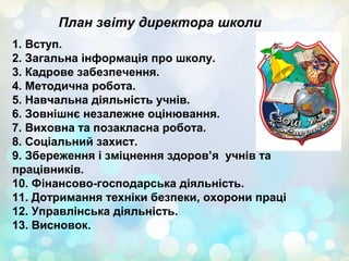 1. Вступ.
2. Загальна інформація про школу.
3. Кадрове забезпечення.
4. Методична робота.
5. Навчальна діяльність учнів.
6. Зовнішнє незалежне оцінювання.
7. Виховна та позакласна робота.
8. Соціальний захист.
9. Збереження і зміцнення здоров’я учнів та
працівників.
10. Фінансово-господарська діяльність.
11. Дотримання техніки безпеки, охорони праці
12. Управлінська діяльність.
13. Висновок.
План звіту директора школи
 