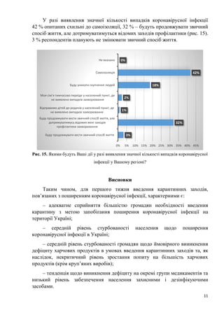 11
У разі виявлення значної кількості випадків коронавірусної інфекції
42 % опитаних схильні до самоізоляції, 32 % – будуть продовжувати звичний
спосіб життя, але дотримуватимуться відомих заходів профілактики (рис. 15).
3 % респондентів планують не змінювати звичний спосіб життя.
Рис. 15. Якими будуть Ваші дії у разі виявлення значної кількості випадків коронавірусної
інфекції у Вашому регіоні?
Висновки
Таким чином, для першого тижня введення карантинних заходів,
пов’язаних з поширенням коронавірусної інфекції, характерними є:
– адекватне сприйняття більшістю громадян необхідності введення
карантину з метою запобігання поширення коронавірусної інфекції на
території Україні;
– середній рівень стурбованості населення щодо поширення
коронавірусної інфекції в Україні;
– середній рівень стурбованості громадян щодо ймовірного виникнення
дефіциту харчових продуктів в умовах введення карантинних заходів та, як
наслідок, некритичний рівень зростання попиту на більшість харчових
продуктів (крім круп’яних виробів);
– тенденція щодо виникнення дефіциту на окремі групи медикаментів та
низький рівень забезпечення населення захисними і дезінфікуючими
засобами.
3%
32%
1%
2%
18%
42%
0%
Буду продовжувати вести звичний спосіб життя
Буду продовжувати вести звичний спосіб життя, але
дотримуватимусь відомих мені заходів
профілактики захворювання
Відправимо дітей до родичів у населений пункт, де
не виявлено випадків захворювання
Моя сім’я тимчасово переїде у населений пункт, де
не виявлено випадків захворювання
Буду уникати скупчення людей
Самоізоляція
Не вказано
0% 5% 10% 15% 20% 25% 30% 35% 40% 45%
 