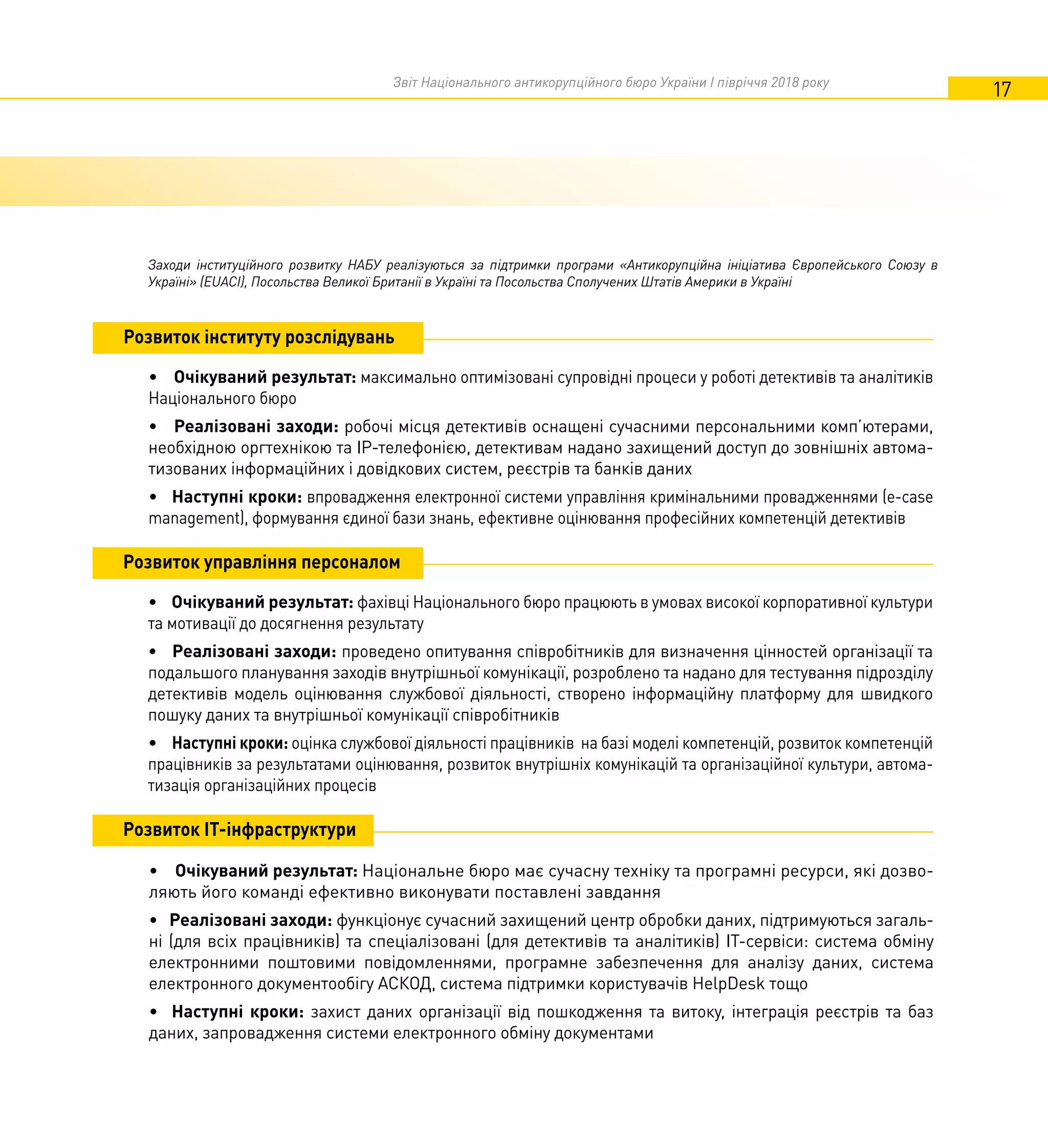 Звіт Національного антикорупційного бюро України I півріччя 2018 року
17
• Очікуваний результат: Національне бюро має сучасну техніку та програмні ресурси, які дозво-
ляють його команді ефективно виконувати поставлені завдання
• Реалізовані заходи: функціонує сучасний захищений центр обробки даних, підтримуються загаль-
ні (для всіх працівників) та спеціалізовані (для детективів та аналітиків) ІТ-сервіси: система обміну
електронними поштовими повідомленнями, програмне забезпечення для аналізу даних, система
електронного документообігу АСКОД, система підтримки користувачів HelpDesk тощо
• Наступні кроки: захист даних організації від пошкодження та витоку, інтеграція реєстрів та баз
даних, запровадження системи електронного обміну документами
Розвиток ІТ-інфраструктури
Розвиток інституту розслідувань
• Очікуваний результат: максимально оптимізовані супровідні процеси у роботі детективів та аналітиків
Національного бюро
• Реалізовані заходи: робочі місця детективів оснащені сучасними персональними комп’ютерами,
необхідною оргтехнікою та IP-телефонією, детективам надано захищений доступ до зовнішніх автома-
тизованих інформаційних і довідкових систем, реєстрів та банків даних
• Наступні кроки: впровадження електронної системи управління кримінальними провадженнями (e-case
management), формування єдиної бази знань, ефективне оцінювання професійних компетенцій детективів
Розвиток управління персоналом
• Очікуваний результат: фахівці Національного бюро працюють в умовах високої корпоративної культури
та мотивації до досягнення результату
• Реалізовані заходи: проведено опитування співробітників для визначення цінностей організації та
подальшого планування заходів внутрішньої комунікації, розроблено та надано для тестування підрозділу
детективів модель оцінювання службової діяльності, створено інформаційну платформу для швидкого
пошуку даних та внутрішньої комунікації співробітників
• Наступні кроки: оцінка службової діяльності працівників на базі моделі компетенцій, розвиток компетенцій
працівників за результатами оцінювання, розвиток внутрішніх комунікацій та організаційної культури, автома-
тизація організаційних процесів
Заходи інституційного розвитку НАБУ реалізуються за підтримки програми «Антикорупційна ініціатива Європейського Союзу в
Україні» (EUACI), Посольства Великої Британії в Україні та Посольства Сполучених Штатів Америки в Україні
 