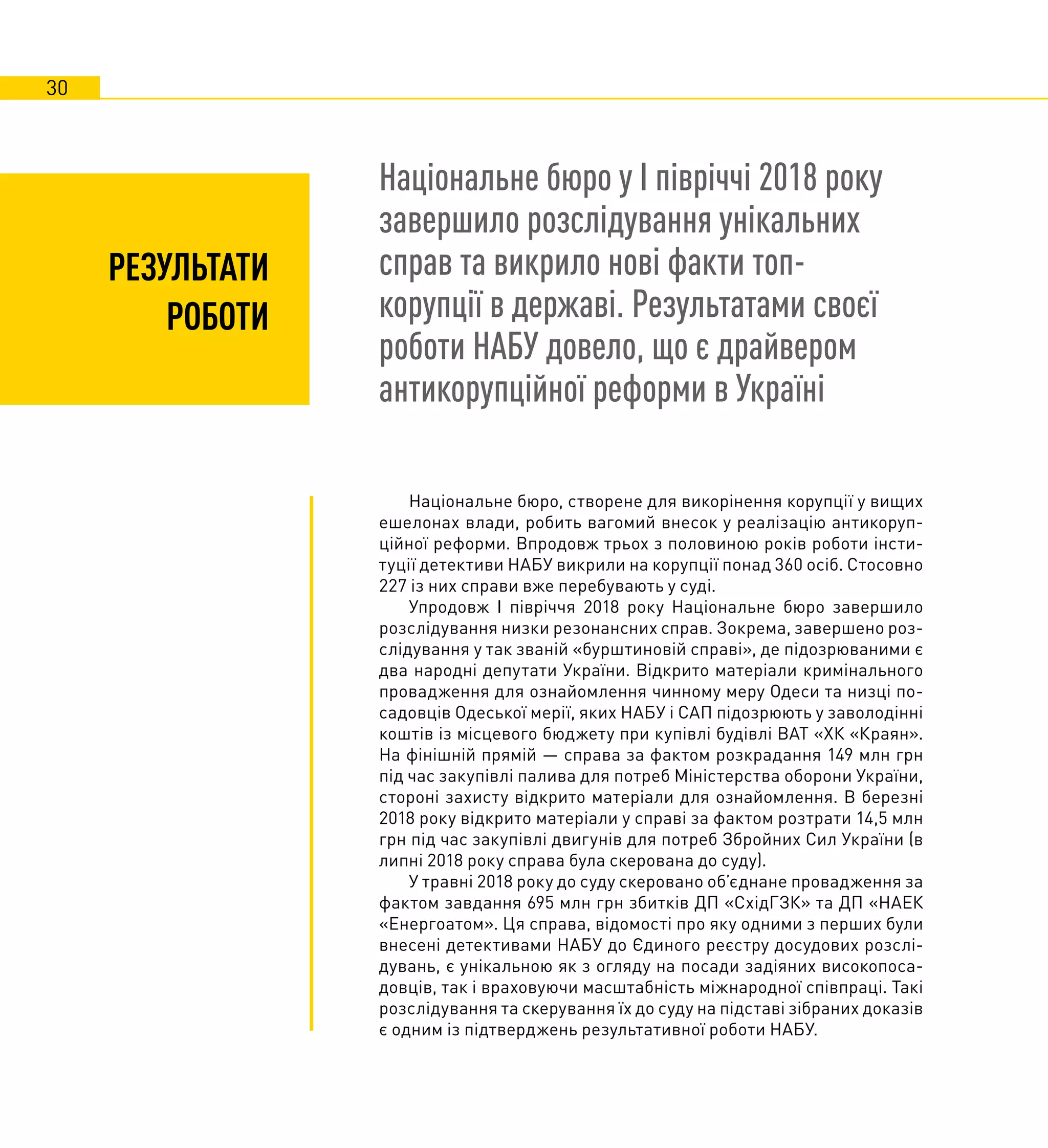 30
РЕЗУЛЬТАТИ
РОБОТИ
Національне бюро у І півріччі 2018 року
завершило розслідування унікальних
справ та викрило нові факти топ-
корупції в державі. Результатами своєї
роботи НАБУ довело, що є драйвером
антикорупційної реформи в Україні
Національне бюро, створене для викорінення корупції у вищих
ешелонах влади, робить вагомий внесок у реалізацію антикоруп-
ційної реформи. Впродовж трьох з половиною років роботи інсти-
туції детективи НАБУ викрили на корупції понад 360 осіб. Стосовно
227 із них справи вже перебувають у суді.
Упродовж І півріччя 2018 року Національне бюро завершило
розслідування низки резонансних справ. Зокрема, завершено роз-
слідування у так званій «бурштиновій справі», де підозрюваними є
два народні депутати України. Відкрито матеріали кримінального
провадження для ознайомлення чинному меру Одеси та низці по-
садовців Одеської мерії, яких НАБУ і САП підозрюють у заволодінні
коштів із місцевого бюджету при купівлі будівлі ВАТ «ХК «Краян».
На фінішній прямій — справа за фактом розкрадання 149 млн грн
під час закупівлі палива для потреб Міністерства оборони України,
стороні захисту відкрито матеріали для ознайомлення. В березні
2018 року відкрито матеріали у справі за фактом розтрати 14,5 млн
грн під час закупівлі двигунів для потреб Збройних Сил України (в
липні 2018 року справа була скерована до суду).
У травні 2018 року до суду скеровано об’єднане провадження за
фактом завдання 695 млн грн збитків ДП «СхідГЗК» та ДП «НАЕК
«Енергоатом». Ця справа, відомості про яку одними з перших були
внесені детективами НАБУ до Єдиного реєстру досудових розслі-
дувань, є унікальною як з огляду на посади задіяних високопоса-
довців, так і враховуючи масштабність міжнародної співпраці. Такі
розслідування та скерування їх до суду на підставі зібраних доказів
є одним із підтверджень результативної роботи НАБУ.
 