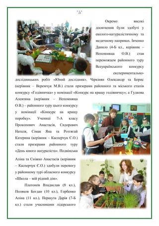 24
Окремо високі
досягнення були здобуті у
еколого-натуралістичному та
медичному напрямах. Івченко
Данило (4-Б кл., керівник –
Непомняща О.В.) став
переможцем районного туру
Всеукраїнського конкурсу
експериментально-
дослідницьких робіт «Юний дослідник». Чіркінян Олександр та Борис
(керівник – Веремчук М.В.) стали призерами районного та міського етапів
конкурсу «Годівничка» у номінації «Конкурс на кращу годівничку»; а Гудкова
Алевтина (керівник – Непомняща
О.В.) – районного туру цього конкурсу
у номінації «Конкурс на кращу
поробку». Учениці 7-А класу
Прокопович Анастасія, Сидорович
Наталя, Сімак Яна та Розтягай
Катерина (керівник – Касперчук Є.О.)
стали призерами районного туру
«День юного натураліста». Подвінська
Аліна та Сніжко Анастасія (керівник
– Касперчук Є.О.) здобули перемогу
у районному турі обласного конкурсу
«Школа – мій рідний дім».
Платонов Владислав (8 кл.),
Поляков Богдан (10 кл.), Горбенко
Аліна (11 кл.), Першута Дарія (7-Б
кл.) стали учасниками лідерського
 
