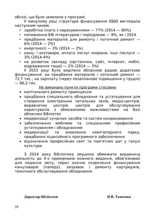 обсязі, що було заявлено у програмі.
У минулому році структура фінансування ОБЮ виглядала
наступним чином:
• заробітна плата з нарахуваннями — 77% (2014 — 80%)
• поповнення БФ літературою і періодикою — 9%, як і 2014
• придбання матеріалів для ремонту і поточний ремонт —
6% (2014 — 2%)
• енергоносії — 3% (2014 — 2%)
• канц- і хозтовари, оплата послуг охорони, інші послуги —
3% (2014-4%)
• на розвиток закладу (оргтехніка, сайт, інтернет, меблі,
відрядження тощо) — 2% (2014 — 3%)
У 2015 році було виділено обласною радою додаткове
фінансування: на придбання матеріалів і поточний ремонт —
72,7 тис.; на зарплату (через позапланове підвищення у грудні)
— 66,2 тис.
Не виконано пункти програми стосовно
• капітального ремонту приміщення
• придбання спеціального обладнання та устаткування для
створення електронних читальних залів, медіа-центрів,
видавничих центрів, центрів для обслуговування
користувачів з обмеженими можливостями на базі
обласних бібліотек
• модернізації сучасних засобів та систем кондиціювання
• забезпечення меблями та спеціальним професійним
устаткуванням і обладнанням
• модернізації та оновлення комп'ютерного парку,
придбання ліцензійного програмного забезпечення
• відзначення професійних свят та пам'ятних дат у галузі
культури
З 2014 року бібліотека змушена обмежити видавничу
діяльність до 4-х примірників кожного видання, обов'язкових
для подання звіту, через значне скорочення фінансування
канцтоварів (паперу), заправок і ремонту картриджів,
технічного обслуговування обладнання.
Директор бібліотеки Н.В. Ткаченко
58
 