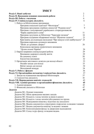 ЗМІСТ
Розділ І. Наші здобутки 2
Розділ ІІ. Виконання основних показників роботи 3
Розділ ІІІ. Робота з читачами 6
Розділ IV. Соціокультурна діяльність 6
1. Робота за бібліотечними програмами
Програма соціальної адаптації “Милосердя” 7
Програма просування сімейних цінностей “Родинне коло” 9
Програма з популяризації українського літературознавства
“Барви українського слова” 11
Програма залучення до бібліотеки “Територія читання” 16
Програма підтримки обдарованої молоді “Шукаємо таланти” 21
Краєзнавча дослідницька експедиція “Про минуле в ім'я майбутнього” 23
Програма морально-духовного виховання
“Шлях до духовних джерел” 26
Комплексна програма патріотичного виховання
“Духом сильна Україна” 26
2. Окремі напрямки соціокультурної роботи 29
Виховання здорового способу життя 29
На допомогу освіті 30
Екологічне виховання 32
3. Організація змістовного дозвілля для молоді області 33
Онлайн-заходи для молоді 33
Виїзні заходи для молоді 34
Молодіжний конкурс 34
Розділ V. Робота з фондом 36
Розділ VI. Організаційно-методична і соціологічна діяльність 37
1. Заходи на підвищення кваліфікації бібліотекарів 37
3. Соціологічна діяльність 41
Розділ VII. Впровадження новітніх технологій 43
Розділ VIІI. Адміністративна та організаційно-фінансова діяльність 45
1. Адміністрування 45
2. Фінансова діяльність бібліотеки 47
Додатки 49
Додаток №1. Основні показники
Додаток №2. Облік проведення масових заходів
Додаток №3. Кількість і склад читачів за віком (єдиних)
Додаток №4. Кількість і склад читачів (обслужених) по групах
Додаток №5. Відвідування юнацтва у відсотках від загального
Додаток №6. Видача документів в структурних підрозділах за видами і мовами
Додаток №7. Видача документів юнацтву за видами і мовами
Додаток №8. Комплектування фонду за джерелами надходження
Додаток №9. Склад та рух фонду за видами видань
62
 
