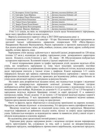 12. Боднарюк Аліна Сергіївна 6 Дитина учасника бойових дій
13. Григоряк Анна Юріївна 6 Дитина учасника бойових дій
14. Гончарюк Павло Васильович 7-Б Дитина-інвалід
15. Гудима Юлія Романівна 7-Б Дитина учасника бойових дій
16. Тащук Ольга Григорівна 8 Дитина-інвалід
17. Зварун Роман Олексійович 8 Дитина учасника бойових дій
18. Шміляр Ірина Володимирівна 10 Дитина-інвалід
19. Іленчук Максим Юрійович 11 Дитина учасника бойових дій
Учні 1-11 класів, на яких не поширюються пільги щодо безкоштовного харчування,
мали змогу придбати обіди за власні кошти.
Вартість комплексного гарячого обіду в 2017/2018 навчальному році в
І семестрі становила 15 грн. , в ІІ семестрі – 18 грн. Постачання продуктів харчування до
шкільної їдальні здійснювалось приватним підприємцем П/П «Мега–Крокус»
Пацарнюком Василем Васильовичем. Раціон харчування в протягом навчального року
був досить різноманітним: м'ясо, риба, ковбаси, сосиски, свіжі овочі, крупи, хлібобулочні
вироби, печиво, фрукти, соки.
Харчування учнів закладу здійснюється в шкільній їдальні, розрахованій на 120 місць
(площа 117 кв.м.), відповідно до графіку харчування учнів затвердженого директором
школи. Кількість столів 6-місних у залі – 20, лавок – 40. Обслуговування відбувається
кухарським персоналом. За кожним класом у їдальні закріплені столи.
У школі відпрацьовано режим та графік харчування дітей; щоденно ведеться облік
учнів, які потребують харчування (у тому числі пільгових категорій); постійно
здійснюється контроль за дотриманням дітьми правил особистої гігієни, ведеться контроль
щодо чергування вчителів у їдальні згідно з графіком. Класні керівники 1-11 класів
інформують батьків про правила отримання безкоштовного харчування і вимоги щодо
оформлення відповідних документів, проводять роз’яснювальну роботу серед батьків та
учнів щодо організації гарячого харчування за рахунок батьків.
На кожен день розробляється щоденне меню, яке підписується кухарем і медичною
сестрою та затверджується керівником освітньої установи. Медичною сестрою
відбираються добові проби страв і зберігаються в холодильнику у відповідному посуді, із
вказуванням дати відбору. Відповідно до додатків 8 і 12 до пунктів 1.23 та 1.35 Інструкції з
харчування ведуться журнали бракеражу готової та сирої продукції. Є в наявності
контрольна страва. Згідно додатку 13 до пункту 1.35 Інструкції ведеться журнал здоров’я
працівників харчоблоку. У всіх працівників харчоблоку є в наявності медичні книжки.
Терміни проходження медичного огляду не прострочені.
Овочі та фрукти, крупи зберігаються в складському приміщенні на окремих полицях.
Продукти, які швидко псуються - в холодильнику. Усі продукти мають сертифікати якості.
Щоденно подається заявка на кількісний склад учнів, які харчуються. Щомісячно
подається інформація до районного відділу освіти, молоді та спорту щодо харчування
учнів. Здійснюється контроль за відповідністю заявок та наявністю дітей у школі згідно з
обліком відвідування в класному журналі.
На належному рівні організовано питний режим у школі.
Упродовж року радою харчування разом з медичною сестрою щодня перевірялася
якість приготування їжі, слідкували за тим, щоб у їдальні не використовувались
заборонені продукти, напівфабрикати промислового виробництва, недозволені продукти,
33
 