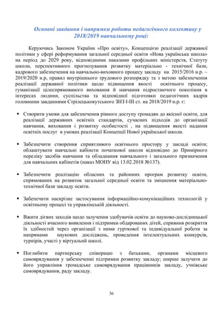 Основні завдання і напрямки роботи педагогічного колективу у
2018/2019 навчальному році:
Керуючись Законом України «Про освіту», Концепцією реалізації державної
політики у сфері реформування загальної середньої освіти «Нова українська школа»
на період до 2029 року, відповідними наказами профільних міністерств, Статуту
школи, перспективного прогнозування розвитку матеріально - технічної бази,
кадрового забезпечення на навчально-виховного процесу закладу на 2015/2016 н.р. –
2019/2020 н.р, правил внутрішнього трудового розпорядку та з метою забезпечення
реалізації державної політики щодо підвищення якості освітнього процесу,
гуманізації цілеспрямованого виховання й навчання підростаючого покоління в
інтересах людини, суспільства та відповідної підготовки педагогічних кадрів
головними завданнями Стрілецькокутського ЗНЗ І-ІІІ ст. на 2018/2019 н.р. є:
 Створити умови для забезпечення рівного доступу громадян до якісної освіти, для
реалізації державних освітніх стандартів, сучасних підходів до організації
навчання, виховання і розвитку особистості , на підвищення якості надання
освітніх послуг в умовах реалізації Концепції Нової української школи.
 Забезпечити створення сприятливого освітнього простору у закладі освіти;
облаштувати навчальні кабінети початкової школи відповідно до Примірного
переліку засобів навчання та обладнання навчального і загального призначення
для навчальних кабінетів (наказ МОНУ від 13.02.2018 №137).
 Забезпечити реалізацію обласних та районних програм розвитку освіти,
спрямованих на розвиток загальної середньої освіти та зміцнення матеріально-
технічної бази закладу освіти.
 Забепечити наскрізне застосування інформаційно-комунікаційних технологій у
освітньому процесі та управлінській діяльності.
 Вжити дієвих заходів щодо залучення здобувачів освіти до науково-дослідницької
діяльності вчасного виявлення і підтримки обдарованих дітей, сприяння розкриття
їх здібностей через організації з ними гурткової та індивідуальної роботи за
напрямами наукових досліджень, проведення інтелектуальних конкурсів,
турнірів, участі у віртуальнй школі.
 Поглибити партнерську співпрацю з батьками, органами місцевого
самоврядування у забезпеченні підтримки розвитку закладу; ширше залучати до
його управління громадське самоврядування працівників закладу, учнівське
самоврядування, раду закладу.
36
 
