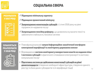 13
СОЦІАЛЬНАСФЕРА
РЕЗУЛЬТАТИ
У2017 РОЦІ
ПЛАНУЄТЬСЯ
РЕАЛІЗУВАТИ
У2018 РОЦІ
✓ Підвищено мінімальнузарплату
✓ Підвищено прожитковий мінімуму
✓ Запроваджено монетизацію субсидій з 1 січня 2018 року на рівні
підприємств-надавачів послуг
✓ Запроваджено пенсійнуреформу, що дозволила осучаснити пенсії та
забезпечити стабільність пенсійної системи 
‣ Повнофункціональний запуск Інформаційно-аналітичної платформи
електронної верифікації та моніторингудержавних виплат
‣ Впровадження системи моніторингувикористання коштів на надання пільг
і житлових субсидій та фактичного споживання електроенергії та житлово-
комунальних послуг
‣ Підготовка системидо здійснення монетизації субсидій на рівні
домогосподарств (створення необхідної інфраструктури, створення єдиного
реєстру та бази даних субсидіантів та їх верифікація тощо)
 