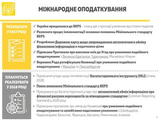 МІЖНАРОДНЕ ОПОДАТКУВАННЯ
РЕЗУЛЬТАТИ
У2017 РОЦІ
ПЛАНУЄТЬСЯ
РЕАЛІЗУВАТИ
У2018 РОЦІ
✓ Україна приєдналасядо BEPS - плану дій з протидії ухилянню від сплати податків
✓ Розпочато процес імплементації основних положеньМінімального стандарту
BEPS
✓ РозробленоДорожню картущодо запровадження автоматичного обміну
фінансовою інформацією в податкових цілях
✓ Підписано Протоколи про внесення зміндо Угод проуникнення подвійного
оподаткування з Великою Британією,Туреччиною, Малайзією, Кіпром
✓ Верховна Рада ратифікувала Конвенції проуникнення подвійного
оподаткування з Мальтою та Люксембургом
‣ Підписання угоди щодо імплементації Багатостороннього інструменту(MLI) (січень
2018)
‣ Повне виконання Мінімального стандартуBEPS
‣ Приєднання до багатосторонньої угоди про автоматичний обмін інформацією про
фінансові рахунки нерезидентів за міжнародним стандартом (Common Reporting
Standard) у 2020 році
‣ Підписання протоколів про зміни до Конвенцій проуникнення подвійного
оподаткуваннята запобігання податковимухиленням з Швейцарією,
Нідерландами, Бельгією, Францією,Австрією, Німеччиною, Іспанією
4
 