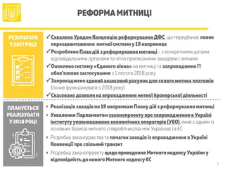 7
РЕФОРМАМИТНИЦІ
РЕЗУЛЬТАТИ
У2017 РОЦІ
✓Схвалено Урядом Концепцію реформуванняДФС, що передбачає повне
перезавантаження митної системиу19 напрямках
✓Розроблено Пландій з реформування митниці - з конкретними датами,
відповідальними органами та чітко прописаними заходами і змінами
✓Оновлено систему«Єдиного вікна» на митниці та запроваджено її
обов’язкове застосування з 1 лютого 2018 року
✓Запроваджено єдиний авансовий рахунокдля сплати митних платежів
(почне функціонувати з 2018 року)
✓Скасованодозволи на впровадження митної брокерської діяльності
ПЛАНУЄТЬСЯ
РЕАЛІЗУВАТИ
У2018 РОЦІ
‣ Реалізація заходів по 19 напрямкам Планудій з реформування митниці
‣ Ухвалення Парламентом законопроектупро запровадження в Україні
інститутууповноважених економічних операторів (УЕО), який є одним із
основних базисів митного співробітництва між Україною та ЄС
‣ Розробка законодавства та початок заходів із впровадження в Україні
Конвенції про спільнийтранзит
‣ Розробка законопроекту щодо приведення Митного кодексуУкраїниу
відповідністьдо нового Митного кодексуЄС
 