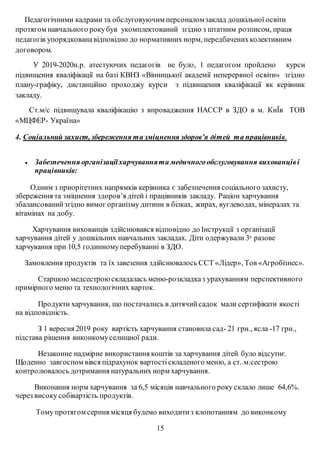 Педагогічними кадрами та обслуговуючим персоналомзаклад дошкільної освіти
протягом навчального рокубув укомплектований згідно з штатним розписом, праця
педагогів упорядкованавідповідно до нормативних норм, передбаченихколективним
договором.
У 2019-2020н.р. атестуючих педагогів не було, 1 педагогом пройдено курси
підвищення кваліфікації на базі КВНЗ «Вінницької академії неперервної освіти» згідно
плану-графіку, дистанційно проходжу курси з підвищення кваліфікації як керівник
закладу.
Ст.м/с підвищувала кваліфікацію з впровадження НАССР в ЗДО в м. КиЇв ТОВ
«МЦФЕР- Україна»
4. Соціальний захист, збереження та зміцнення здоров’я дітей та працівників.
 Забезпечення організаціїхарчуваннята медичногообслуговування вихованціві
працівників:
Одним з приорітетних напрямків керівника є забезпечення соціального захисту,
збереження та зміцнення здоров’я дітей і працівників закладу. Раціон харчування
збалансованийзгідно вимог організму дитини в білках, жирах, вуглеводах, мінералах та
вітамінах на добу.
Харчування вихованців здійснювався відповідно до Інструкції з організації
харчування дітей у дошкільних навчальних закладах. Діти одержували 3х разове
харчування при 10,5 годинномуперебуванні в ЗДО.
Замовлення продуктів та їх завезення здійснювалось ССТ «Лідер», Тов «Агробізнес».
Старшою медсестроюскладалась меню-розкладказ урахуванням перспективного
примірного меню та технологічних карток.
Продукти харчування, що постачались в дитячийсадок мали сертифікати якості
на відповідність.
З 1 вересня 2019 року вартість харчування становила сад- 21 грн., ясла -17 грн.,
підстава рішення виконкомуселищної ради.
Незаконне надмірне використання коштів за харчування дітей було відсутнє.
Щоденно завгоспом вівся підрахунок вартостіскладеного меню, а ст..м.сестрою
контролювалось дотримання натуральних норм харчування.
Виконання норм харчування за 6,5 місяців навчального року склало лише 64,6%.
через високу собівартість продуктів.
Тому протягом серпня місяця будемо виходитиз клопотанням до виконкому
15
 