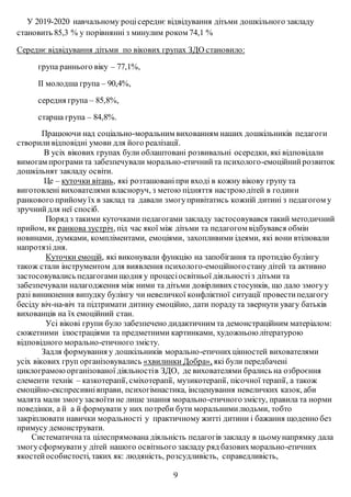 У 2019-2020 навчальному роцісереднє відвідування дітьми дошкільного закладу
становить 85,3 % у порівнянні з минулим роком 74,1 %
Середнє відвідування дітьми по вікових групах ЗДО становило:
група раннього віку – 77,1%,
ІІ молодша група – 90,4%,
середня група – 85,8%,
старша група – 84,8%.
Працюючи над соціально-моральним вихованням наших дошкільників педагоги
створили відповідні умови для його реалізації.
В усіх вікових групах були облаштовані розвивальні осередки, які відповідали
вимогам програмита забезпечували морально-етичнийта психолого-емоційнийрозвиток
дошкільнят закладу освіти.
Це – куточки вітань, які розташованіпри вході в кожну вікову групу та
виготовлені вихователями власноруч, з метою підняття настрою дітей в години
ранкового прийому їх в заклад та давали змогупривітатись кожній дитині з педагогом у
зручнийдля неї спосіб.
Поряд з такими куточками педагогами закладу застосовувався такий методичний
прийом, як ранкова зустріч, під час якої між дітьми та педагогом відбувався обмін
новинами, думками, компліментами, емоціями, захопливими ідеями, які вони втілювали
напротязідня.
Куточки емоцій, які виконували функцію на запобігання та протидію булінгу
також стали інструментом для виявлення психолого-емоційногостану дітей та активно
застосовувалисьпедагогамищодня у процесіосвітньої діяльностіз дітьми та
забезпечували налагодження між ними та дітьми довірливих стосунків, що дало змогуу
разі виникнення випудку булінгу чи невеличкої конфліктної ситуації провестипедагогу
бесіду віч-на-віч та підтримати дитину емоційно, дати порадута звернути увагу батьків
вихованців на їх емоційний стан.
Усі вікові групи було забезпечено дидактичним та демонстраційним матеріалом:
сюжетними ілюстраціями та предметними картинками, художньою літературою
відповідного морально-етичного змісту.
Задля формування у дошкільників морально-етичнихцінностей вихователями
усіх вікових груп організовувались «хвилинки Добра», які були передбачені
циклограмоюорганізованої діяльностів ЗДО, де вихователями брались на озброєння
елементи технік – казкотерапії, сміхотерапії, музикотерапії, пісочної терапії, а також
емоційно-експресивнівправи, психогімнастика, інсценування невеличких казок, аби
малята мали змогузасвоїтине лише знання морально-етичногозмісту, правила та норми
поведінки, а й а й формувати у них потреби бути моральнимилюдьми, тобто
закріплювати навички моральності у практичному житті дитини і бажання щоденно без
примусу демонструвати.
Систематичната цілеспрямована діяльність педагогів закладу в цьомунапрямку дала
змогусформуватиу дітей нашого освітнього закладу ряд базовихморально-етичних
якостейособистості, таких як: людяність, розсудливість, справедливість,
9
 