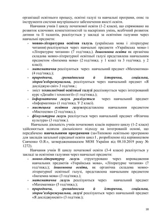 18
організації освітнього процесу, освітні галузі та навчальні програми, опис та
інструменти системи внутрішнього забезпечення якості освіти.
Навчання учнів І циклу початкової освіти (1-2 класи), що спрямовано на
розвиток ключових компетентностей та наскрізних умінь, всебічний розвиток
дитини та її талантів, реалізується у закладі за освітніми галузями через
навчальні предмети:
- мовно-літературна освітня галузь (українська мова і літературне
читання) реалізуються через навчальні предмети «Українська мова» і
«Літературне читання» (7 год/тижд.). Іншомовна освіта як органічна
складова мовно-літературної освітньої галузі представлена навчальним
предметом «Іноземна мова» (2 год/тижд. у 1 класі та 3 год/тижд. у 2
класі);
- математична реалізуються через навчальний предмет «Математика»
(4 год/тижд.);
- природнича, громадянська й історична, соціальна,
здоров'язбережувальна, реалізуються через навчальний предмет «Я
досліджую світ» 3 год/тиж.;
- зміст технологічної освітньої галузі реалізовується через інтегрований
курс «Дизайн і технології» (1 год/тижд.);
- інформатична галузь реалізується через навчальний предмет
«Інформатика» (1 год/тижд. У 2 класі).
- мистецька освітня галузьпредставлена навчальним предметом
«Мистецтво» (2 год/тижд.);
- фізкультурна галузь реалізується через навчальний предмет «Фізична
культура» (3 год/тиж.).
Навчальна діяльність учнів початкових класів першого циклу (1-2 класи)
здійснюється шляхом діяльнісного підходу на інтегрованій основі, що
передбачено навчальними програмами (за«Типовою освітньою програмою
для закладів загальної середньої освіти цикл І , розробленою під керівництвом
Савченко О.Я.», затвердженанаказом МОН України від 08.10.2019 року №
1272).
Навчання учнів ІІ циклу початкової освіти (3-4 класи) реалізується у
закладі за освітніми галузями через навчальні предмети:
- мовно-літературну галузь структуровано через впровадження
навчальних предметів «Українська мова», «Літературне читання» (7
год/тижд.); іншомовна освіта, як органічна складова мовно-
літературної освітньої галузі, представлена навчальним предметом
«Іноземна мова» (3 год/тижд.);
- математична галузь реалізуються через навчальний предмет
«Математика» (5 год/тижд.);
- природнича, громадянська й історична, соціальна,
здоров’язбережувальна, галузі реалізуються через навчальний предмет
«Я досліджуюсвіт» (3 год/тиж.);
 