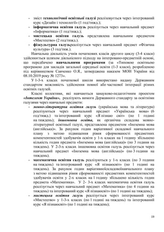 19
- зміст технологічної освітньої галузі реалізовується через інтегрований
курс «Дизайн і технології» (1 год/тижд.);
- інформатична освітня галузь реалізується через навчальний предмет
«Інформатика» (1 год/тижд.);
- мистецька освітня галузь представлена навчальним предметом
«Мистецтво» (2 год/тижд.).
- фізкультурна галузьреалізується через навчальний предмет «Фізична
культура» (3 год/тиж.).
Навчальна діяльність учнів початкових класів другого циклу (3-4 класи)
здійснюється шляхом діяльнісного підходу на інтегровано-предметній основі,
що передбачено навчальними програмами (за «Типовою освітньою
програмою для закладів загальної середньої освіти (1-3 класи), розробленою
під керівництвом Савченко О.Я., затверджена наказом МОН України від
08.10.2019 року № 1273».
У 1-3-х класах початкової школи використано надану Державним
стандартом можливість здійснення повної або часткової інтеграції різних
освітніх галузей.
Класні колективи, які навчаються занауково-педагогічним проектом
«Інтелект України», реалізують вимоги Державного стандарту за освітніми
галузями через навчальні предмети:
- мовно-літературна освітня галузь (українська мова та література)
реалізуються через навчальний предмет «Українська мова» (6
год/тижд.) та інтегрований курс «Я пізнаю світ» (по 1 годині
на тиждень); іншомовна освіта, як органічна складова мовно-
літературної освітньої галузі, представлена предметом «Іноземна мова
(англійська)». За рахунок годин варіативної складової навчального
плану з метою підвищення рівня сформованості предметних
компетентностей здобувачів освіти у 1-х класах на 1 годину збільшено
кількість годин предмета «Іноземна мова (англійська)» (по 3 години на
тиждень). У 2-3-х класах іншомовна освітня галузь реалізується через
навчальний предмет «Іноземна мова (англійська)» (по 3 години на
тиждень).
- математична освітня галузь реалізуються у 1-х класах (по 3 години
на тиждень) та інтегрований курс «Я пізнаюсвіт» (по 1 годині на
тиждень). За рахунок годин варіативноїскладовоїнавчального плану
з метою підвищення рівня сформованості предметних компетентностей
здобувачів освіти у 2-х класах на 1 годину збільшено кількість годин
предмета «Математика». У 2- 3-х класах математична освітня галузь
реалізується через навчальний предмет «Математика» (по 4 години на
тиждень) та інтегрований курс «Я пізнаюсвіт» (по 1 годині на тиждень);
- мистецька освітня галузь реалізується через інтегрований курс
«Мистецтво» у 1-3-х класах (по 1 годині на тиждень) та інтегрований
курс «Я пізнаюсвіт» (по 1 годині на тиждень);
 