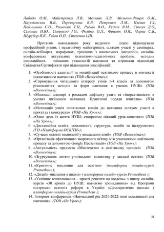 31
Лобода О.М., Майстренко Л.В., Мельник Л.В.. Мельник-Фещук О.М.,
Паустовська В.В., Переверзова В.В., Петренко Л.М., Плевак Г.І.,
Пойманова С.О., Романюк Т.П., Руднік В.О., Руднік В.М., Синчук Д.О.,
Сімоник Н.Ю., Скороход І.О., Фоміна О.Л., Фризюк О.Я., Чорна С.В.,
Шурубор Я.К., Гейко О.П., Степенко І.Ш.
Протягом навчального року педагоги ліцею підвищували
професійний рівень і педагогічну майстерність шляхом участі у семінарах,
онлайн-вебінарах, марафонах, тренінгах з навчальних дисциплін, онлайн-
конференціях актуальних психолого-педагогічних проблем, методик
інноваційних, змішаних технологій навчання та отримали відповідні
Свідоцтва/Сертифікати про підвищення кваліфікації:
1. «Особливості адаптації та модифікації освітнього процесу в контексті
інклюзивного навчання» (ТОВ «Всеосвіта»);
2. «Спрямування читацького інтересу учнів 1-4 класів за допомогою
різноманіття методів та форм навчання в умовах НУШ» (ТОВ
«Всеосвіта»);
3. «Молодші школярі з розладом дефіциту уваги та гіперактивністю в
умовах шкільного навчання. Практичні поради вчителю» (ТОВ
«Всеосвіта»);
4. «Мотивація учнів початкових класів до навчання шляхом участі в
проєктах і конкурсах» (ТОВ «На Урок»);
5. «Один день із життя НУШ: створюємо цікавий урок-конспект» (ТОВ
«На Урок»);
6. «Дистанційна освіта: можливості, структура, засоби та інструменти»
(ГО «Платформа ОСВІТИ»);
7. «Сучасні освітні технології у викладанні хімії» (ТОВ «Всеосвіта»);
8. «Організація ефективного зворотного зв'язку між учасниками освітнього
процесу за допомогою Google Презентацій» (ТОВ «На Урок»);
9. «Актуальність предмета «Мистецтво» в освітньому процесі» (ТОВ
«Всеосвіта»);
10. «Згуртування дитячо-учнівського колективу у закладі освіти» (ТОВ
«Всеосвіта»);
11. «Критичне мислення для освітян» (платформа онлайн-курсів
Prometheus );
12. «Дизайн-мислення в школі» ( платформа онлайн-курсів Prometheus );
13. «Успішне вчителювання - прості рецепти на щодень» з циклу онлайн-
курсів «30 кроків до НУШ: навчаємо громадянина» від Програми
підтримки освітніх реформ в Україні «Демократична школа» (
платформа онлайн-курсів Prometheus );
14. Інтернет-конференція «Навчальний рік 2021-2022: нові можливості для
навчання» (ТОВ «На Урок»);
 