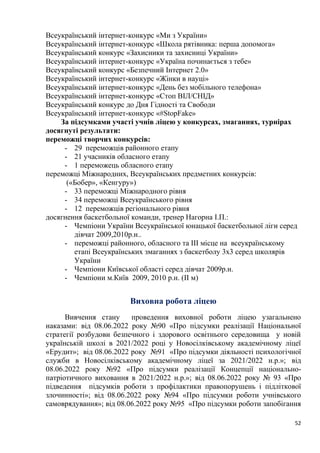 52
Всеукраїнський інтернет-конкурс «Ми з України»
Всеукраїнський інтернет-конкурс «Школа рятівника: перша допомога»
Всеукраїнський конкурс «Захисники та захисниці України»
Всеукраїнський інтернет-конкурс «Україна починається з тебе»
Всеукраїнський конкурс «Безпечний Інтернет 2.0»
Всеукраїнський інтернет-конкурс «Жінки в науці»
Всеукраїнський інтернет-конкурс «День без мобільного телефона»
Всеукраїнський інтернет-конкурс «Стоп ВІЛ/СНІД»
Всеукраїнський конкурс до Дня Гідності та Свободи
Всеукраїнський інтернет-конкурс «#StopFake»
За підсумками участі учнів ліцею у конкурсах, змаганнях, турнірах
досягнуті результати:
переможці творчих конкурсів:
- 29 переможців районного етапу
- 21 учасників обласного етапу
- 1 переможець обласного етапу
переможці Міжнародних, Всеукраїнських предметних конкурсів:
(«Бобер», «Кенгуру»)
- 33 переможці Міжнародного рівня
- 34 переможці Всеукраїнського рівня
- 12 переможців регіонального рівня
досягнення баскетбольної команди, тренер Нагорна І.П.:
- Чемпіони України Всеукраїнської юнацької баскетбольної ліги серед
дівчат 2009,2010р.н..
- переможці районного, обласного та ІІІ місце на всеукраїнському
етапі Всеукраїнських змаганнях з баскетболу 3х3 серед школярів
України
- Чемпіони Київської області серед дівчат 2009р.н.
- Чемпіони м.Київ 2009, 2010 р.н. (ІІ м)
Виховна робота ліцею
Вивчення стану проведення виховної роботи ліцею узагальнено
наказами: від 08.06.2022 року №90 «Про підсумки реалізації Національної
стратегії розбудови безпечного і здорового освітнього середовища у новій
українській школі в 2021/2022 році у Новосілківському академічному ліцеї
«Ерудит»; від 08.06.2022 року №91 «Про підсумки діяльності психологічної
служби в Новосілківському академічному ліцеї за 2021/2022 н.р.»; від
08.06.2022 року №92 «Про підсумки реалізації Концепції національно-
патріотичного виховання в 2021/2022 н.р.»; від 08.06.2022 року № 93 «Про
підведення підсумків роботи з профілактики правопорушень і підліткової
злочинності»; від 08.06.2022 року №94 «Про підсумки роботи учнівського
самоврядування»; від 08.06.2022 року №95 «Про підсумки роботи запобігання
 