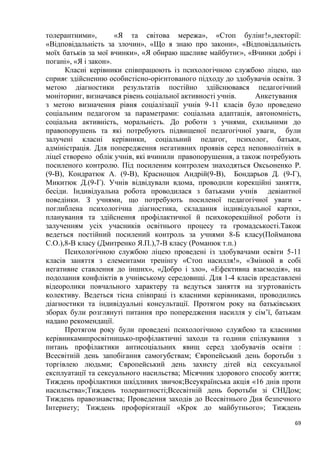 69
толерантними», «Я та світова мережа», «Стоп булінг!»,лекторії:
«Відповідальність за злочин», «Що я знаю про закони», «Відповідальність
моїх батьків за мої вчинки», «Я обираю щасливе майбутнє», «Вчинки добрі і
погані», «Я і закон».
Класні керівники співпрацюють із психологічною службою ліцею, що
сприяє здійсненню особистісно-орієнтованого підходу до здобувачів освіти. З
метою діагностики результатів постійно здійснювався педагогічний
моніторинг, визначався рівень соціальної активності учнів. Анкетування
з метою визначення рівня соціалізації учнів 9-11 класів було проведено
соціальним педагогом за параметрами: соціальна адаптація, автономність,
соціальна активність, моральність. До роботи з учнями, схильними до
правопорушень та які потребують підвищеної педагогічної уваги, були
залучені класні керівники, соціальний педагог, психолог, батьки,
адміністрація. Для попередження негативних проявів серед неповнолітніх в
ліцеї створено облік учнів, які вчинили правопорушення, а також потребують
посиленого контролю. Під посиленим контролем знаходяться Оксьоненко Р.
(9-В), Кондратюк А. (9-В), Краснощок Андрій(9-В), Бондарьов Д. (9-Г),
Микитюк Д.(9-Г). Учнів відвідували вдома, проводили корекційні заняття,
бесіди. Індивідуальна робота проводилася з батьками учнів девіантної
поведінки. З учнями, що потребують посиленої педагогічної уваги -
поглиблена психологічна діагностика, складання індивідуальної картки,
планування та здійснення профілактичної й психокорекційної роботи із
залученням усіх учасників освітнього процесу та громадськості.Також
ведеться постійний посилений контроль за учнями 8-Б класу(Пойманова
С.О.),8-В класу (Дмитренко Я.П.),7-В класу (Романюк т.п.)
Психологічною службою ліцею проведені із здобувачами освіти 5-11
класів заняття з елементами тренінгу «Стоп насилля!», «Змінюй в собі
негативне ставлення до інших», «Добро і зло», «Ефективна взаємодія», на
подолання конфліктів в учнівському середовищі. Для 1-4 класів представлені
відеоролики повчального характеру та ведуться заняття на згуртованість
колективу. Ведеться тісна співпраці із класними керівниками, проводились
діагностики та індивідуальні консультації. Протягом року на батьківських
зборах були розглянуті питання про попередження насилля у сім’ї, батькам
надано рекомендації.
Протягом року були проведені психологічною службою та класними
керівникамипросвітницько-профілактичні заходи та години спілкування з
питань профілактики антисоціальних явищ серед здобувачів освіти :
Всесвітній день запобігання самогубствам; Європейський день боротьби з
торгівлею людьми; Європейський день захисту дітей від сексуальної
експлуатації та сексуального насильства; Місячник здорового способу життя;
Тиждень профілактики шкідливих звичок;Всеукраїнська акція «16 днів проти
насильства»;Тиждень толерантності;Всесвітній день боротьби зі СНІДом;
Тиждень правознавства; Проведення заходів до Всесвітнього Дня безпечного
Інтернету; Тиждень профорієнтації «Крок до майбутнього»; Тиждень
 