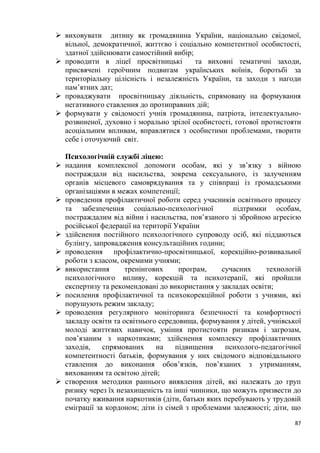 87
➢ виховувати дитину як громадянина України, національно свідомої,
вільної, демократичної, життєво і соціально компетентної особистості,
здатної здійснювати самостійний вибір;
➢ проводити в ліцеї просвітницькі та виховні тематичні заходи,
присвячені героїчним подвигам українських воїнів, боротьбі за
територіальну цілісність і незалежність України, та заходи з нагоди
пам’ятних дат;
➢ проваджувати просвітницьку діяльність, спрямовану на формування
негативного ставлення до протиправних дій;
➢ формувати у свідомості учнів громадянина, патріота, інтелектуально-
розвиненої, духовно і морально зрілої особистості, готової протистояти
асоціальним впливам, вправлятися з особистими проблемами, творити
себе і оточуючий світ.
Психологічній службі ліцею:
➢ надання комплексної допомоги особам, які у зв’язку з війною
постраждали від насильства, зокрема сексуального, із залученням
органів місцевого самоврядування та у співпраці із громадськими
організаціями в межах компетенції;
➢ проведення профілактичної роботи серед учасників освітнього процесу
та забезпечення соціально-психологічної підтримки особам,
постраждалим від війни і насильства, пов’язаного зі збройною агресією
російської федерації на території України
➢ здійснення постійного психологічного супроводу осіб, які піддаються
булінгу, запровадження консультаційних години;
➢ проводення профілактично-просвітницької, корекційно-розвивальної
роботи з класом, окремими учнями;
➢ використання тренінгових програм, сучасних технологій
психологічного впливу, корекцій та психотерапії, які пройшли
експертизу та рекомендовані до використання у закладах освіти;
➢ посилення профілактичної та психокорекційної роботи з учнями, які
порушують режим закладу;
➢ проводення регулярного моніторинга безпечності та комфортності
закладу освіти та освітнього середовища, формування у дітей, учнівської
молоді життєвих навичок, уміння протистояти ризикам і загрозам,
пов’язаним з наркотиками; здійснення комплексу профілактичних
заходів, спрямованих на підвищення психолого-педагогічної
компетентності батьків, формування у них свідомого відповідального
ставлення до виконання обов’язків, пов’язаних з утриманням,
вихованням та освітою дітей;
➢ створення методики раннього виявлення дітей, які належать до груп
ризику через їх незахищеність та інші чинники, що можуть призвести до
початку вживання наркотиків (діти, батьки яких перебувають у трудовій
еміграції за кордоном; діти із сімей з проблемами залежності; діти, що
 