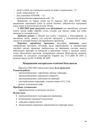 90
- дітей із сімей, що отримують пенсію по втраті годувальника - 13
- дітей з інвалідністю - 8,
- діти учасників АТО/ООС – 12,
- дітей внутрішньо переміщених осіб - 18
Відповідно до наказу ліцею від 01 вересня 2021 року №193 «Про
організацію харчування учнів за кошти батьків» здійснюється харчування
учнів ліцею за кошти батькі на суму 30 грн.
У 2021/2022 році закуплено нове обладнання для харчоблоку: кухонні
плити, духові шафи, обробні столи, стелажі для посуду, шафи для хліба,
інвентар та столовий посуд.
Зроблено ремонт у обідній залі (стіни і підлога), у м'ясо-рибному та
овочевому цехах, кімнаті для сипучих продуктів, у холодильній кімнаті,
туалеті та душовій кімнаті для працівників харчоблоку.
Персонал харчоблоку проходить регулярне навчання щодо
опрацювання Загальних положень щодо впровадження та використання
постійно діючих процедур, якібазуються на принципах системи аналізу
небезпечних факторів та контролю в критичних точках в закладах освіти,
згідно Методичних настанов, затверджених наказом Міністерства розвитку
економіки та сільського господарства України від 17.11.2020 № 2347, у
редакції наказу від 01.12.2020р. № 2489.
Покращення матеріально-технічної бази школи
Протягом 2021/2022 навчального року було проведено:
Ремонтні роботи:
- капітальний ремонт харчоблоку закладу, коридору;
- капітальний ремонт дорожнього покриття;
- капітальний ремонт освітлення на території;
- поточний ремонт коридорів, класних кімнат (313, 314);
- ремонт холодильних шаф.
Придбано, установлено:
- пароконвектомат та автоклав для води
Планується:
• капітальний ремонт господарських приміщень;
• встановлення пожежної сигналізації;
• добудова огорожі школи;
• облаштування спортивних майданчиків на території ліцею.
 