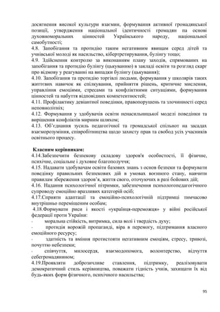 95
досягнення високої культури взаємин, формування активної громадянської
позиції, утвердження національної ідентичності громадян па основі
духовноморальних цінностей Українського народу, національної
самобутності;
4.8. Запобігання та протидію таким негативним явищам серед дітей та
учнівської молоді як насильство, кібертретирування, булінгу тощо;
4.9. Здійснення контролю за виконанням плану заходів, спрямованих на
запобігання та протидію булінгу (цькуванню) в закладі освіти та розгляд скарг
про відмову у реагуванні на випадки булінгу (цькування);
4.10. Запобігання та протидію торгівлі людьми, формування у школярів таких
життєвих навичок як спілкування, прийняття рішень, критичне мислення,
управління емоціями, стресами та конфліктними ситуаціями, формування
цінностей та набуття відповідних компетентностей;
4.11. Профілактику девіантної поведінки, правопорушень та злочинності серед
неповнолітніх;
4.12. Формування у здобувачів освіти ненасильницької моделі поведінки та
вирішення конфліктів мирним шляхом;
4.13. Об’єднання зусиль педагогічної та громадської спільнот на засадах
взаєморозуміння, співробітництва щодо захисту прав та свобод усіх учасників
освітнього процесу.
Класним керівникам:
4.14.Забезпечити безпекову складову здоров'я особистості, її фізичне,
психічне, соціальне і духовне благополуччя;
4.15. Надавати здобувачам освіти базових знань з основ безпеки та формувати
поведінку правильних безпекових дій в умовах воєнного стану, навчити
правилам збереження здоров’я, життя свого, оточуючих в разі бойових дій;
4.16. Надання психологічної пітримки, забезпечення психологопедагогічного
супроводу емоційно вразливих категорій осіб;
4.17.Сприяти адаптації та емоційно-психологічній підтримці тимчасово
внутрішньо переміщеним особам;
4.18.Формувати риси і якості «українця-переможця» у війні російської
федерації проти України:
- моральна стійкість, витримка, сила волі і твердість духу;
- протидія ворожій пропаганді, віра в перемогу, підтримання власного
емоційного ресурсу;
- здатність та вміння протистояти негативним емоціям, стресу, тривозі,
почуттю небезпеки;
- співчуття, милосердя, взаємодопомога, волонтерство, відчуття
себегромадянином;
4.19.Проявляти доброзичливе ставлення, підтримку, реалізовувати
демократичний стиль керівництва, поважати гідність учнів, захищати їх від
будь-яких форм фізичного, психічного насильства;
 