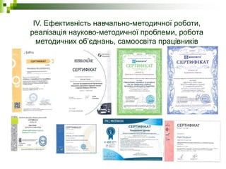 Результати підвищення кваліфікації вчителів
ННВК № 16 «Престиж» у 2020 н. р.
IV. Ефективність навчально-методичної роботи,
реалізація науково-методичної проблеми, робота
методичних об’єднань, самоосвіта працівників
 