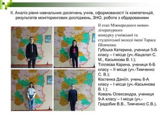ІІ. Аналіз рівня навчальних досягнень учнів, сформованості їх компетенцій,
результатів моніторингових досліджень, ЗНО, робота з обдарованими
учнями.
ІІ етап Міжнародного мовно-
літературного
конкурсу учнівської та
студентської молоді імені Тараса
Шевченка:
Губська Катерина, учениця 5-Б
класу – І місце (уч.-Кацалап С.
М., Касьянова В. І.);
Тілляєва Карина, учениця 6-Б
класу – ІІ місце (уч.-Тимченко
С. В.);
Костенка Даніїл, учень 8-А
класу – І місце (уч.-Касьянова
В. І.);
Коваль Олександра, учениця
9-А класу – І місце (уч.-
Градобик В.В., Тимченко С.В.).
 