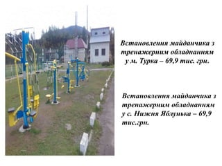Встановлення майданчика з
тренажерним обладнанням
у м. Турка – 69,9 тис. грн.
Встановлення майданчика з
тренажерним обладнанням
у с. Нижня Яблунька – 69,9
тис.грн.
 
