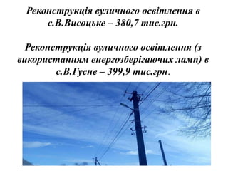 Реконструкція вуличного освітлення в
с.В.Висоцьке – 380,7 тис.грн.
Реконструкція вуличного освітлення (з
використанням енергозберігаючих ламп) в
с.В.Гусне – 399,9 тис.грн.
 