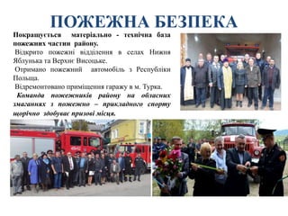 ПОЖЕЖНА БЕЗПЕКА
Покращується матеріально - технічна база
пожежних частин району.
Відкрито пожежні відділення в селах Нижня
Яблунька та Верхнє Висоцьке.
Отримано пожежний автомобіль з Республіки
Польща.
Відремонтовано приміщення гаражу в м. Турка.
Команда пожежників району на обласних
змаганнях з пожежно – прикладного спорту
щорічно здобуває призові місця.
 