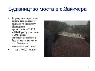 Будівництво моста в с.Закичера
• За рахунок додатково
виділених коштів з
обласного бюджету,
підрядною
організацією ТзОВ
«ЛД-Держбудпостач»
у 2017 році
завершено роботи з
будівництва моста в
селі Закичера
загальною вартістю
• 1 млн. 400,0тис.грн.
56
 