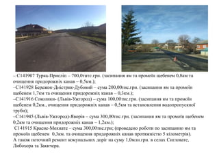 – С141907 Турка-Присліп – 700,0титс.грн. (засипання ям та промоїн щебенем 0,8км та
очищення придорожніх канав – 0,5км.);
–С141928 Бережок-Дністрик-Дубовий – сума 200,00тис.грн. (засипання ям та промоїн
щебенем 1,7км та очищення придорожніх канав – 0,3км.);
–С141916 Соколики- (Львів-Ужгород) – сума 100,00тис.грн. (засипання ям та промоїн
щебенем 0,2км., очищення придорожніх канав – 0,5км та встановлення водопропускної
труби);
–С141945 (Львів-Ужгород)-Яворів – сума 300,00тис.грн. (засипання ям та промоїн щебенем
0,2км та очищення придорожніх канав – 1,2км.);
С141915 Красне-Мохнате – сума 300,00тис.грн; (проведено роботи по засипанню ям та
промоїн щебенем 0,3км. та очищення придорожніх канав протяжністю 5 кілометрів).
А також поточний ремонт комунальних доріг на суму 1,0млн.грн. в селах Сигловате,
Либохора та Закичера.
 