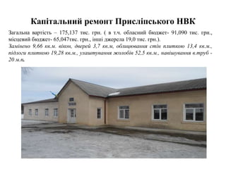 Капітальний ремонт Присліпського НВК
Загальна вартість – 175,137 тис. грн. ( в т.ч. обласний бюджет- 91,090 тис. грн.,
місцевий бюджет- 65,047тис. грн., інші джерела 19,0 тис. грн.).
Замінено 9,66 кв.м. вікон, дверей 3,7 кв.м, облицювання стін плиткою 13,4 кв.м.,
підлоги плиткою 19,28 кв.м., улаштування жолобів 52,5 кв.м., навішування в.труб -
20 м.п.
 