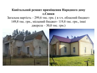 Капітальний ремонт приміщення Народного дому
с.Сянки
Загальна вартість – 299,6 тис. грн. ( в т.ч. обласний бюджет-
149,8 тис. грн., місцевий бюджет- 119,8 тис. грн., інші
джерела – 30,0 тис. грн.)
 