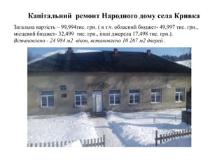 Капітальний ремонт Народного дому села Кривка
Загальна вартість – 99,994тис. грн. ( в т.ч. обласний бюджет- 49,997 тис. грн.,
місцевий бюджет- 32,499 тис. грн., інші джерела 17,498 тис. грн.).
Встановлено - 24 984 м2 вікон, встановлено 10 267 м2 дверей .
 
