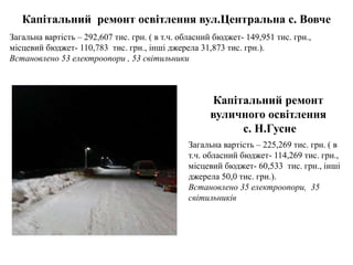 Капітальний ремонт освітлення вул.Центральна с. Вовче
Загальна вартість – 292,607 тис. грн. ( в т.ч. обласний бюджет- 149,951 тис. грн.,
місцевий бюджет- 110,783 тис. грн., інші джерела 31,873 тис. грн.).
Встановлено 53 електроопори , 53 світильники
Капітальний ремонт
вуличного освітлення
с. Н.Гусне
Загальна вартість – 225,269 тис. грн. ( в
т.ч. обласний бюджет- 114,269 тис. грн.,
місцевий бюджет- 60,533 тис. грн., інші
джерела 50,0 тис. грн.).
Встановлено 35 електроопори, 35
світильників
 