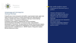 Що треба зробити задля
покращання безпеки руху у
районі
-Провести обговорення змін
транспортної інфраструктури міста
-Відновити, або нанести дорожню
розмітку, в тому числі пішохідних
переходів
-Виділити додаткові зони паркування
біля міського ринку
-Встановити обмежувачі швидкості
(“ліжачі поліцейські”) біля дитячої
музичної школи
Безпечн
і дороги
Співробітники поліції розшукали автомобіль та встановили водія, який скоїв
наїзд на 9-річного хлопця та з місця скоєння ДТП втік. Внаслідок ДТП
хлопець отримав легкі тілесні ушкодження. Пригода сталася ввечері
6 жовтня на вул. І. Сікорського м. Лисичанськ.
Отримавши орієнтування, співробітники поліції встановили
місцезнаходження автомобіля та 33-річного водія, який виявився
мешканцем м. Лисичанськ. За даним фактом слідчим Лисичанського відділу
поліції було відкрито кримінальне провадження за ознаками кримінального
правопорушення, передбаченого ст. 286 КК України «Порушення правил
безпеки дорожнього руху».
ПРИКЛАДИ ДТП Й РОБОТИ
ПОЛІЦІЇ ПО НИХ
 
