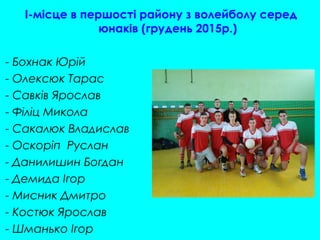 I-місце в першості району з волейболу серед
юнаків (грудень 2015р.)
- Бохнак Юрій
- Олексюк Тарас
- Савків Ярослав
- Філіц Микола
- Сакалюк Владислав
- Оскоріп Руслан
- Данилишин Богдан
- Демида Ігор
- Мисник Дмитро
- Костюк Ярослав
- Шманько Ігор
 