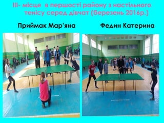 III- місце в першості району з настільного
тенісу серед дівчат (березень 2016р.)
Приймак Мар’яна Федин Катерина
 