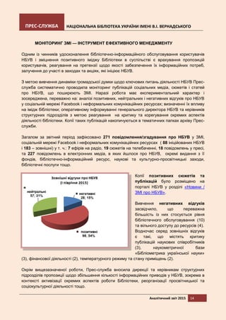ПРЕС-СЛУЖБА НАЦІОНАЛЬНА БІБЛІОТЕКА УКРАЇНИ ІМЕНІ В.І. ВЕРНАДСЬКОГО
Аналітичний звіт 2015 14
МОНІТОРИНГ ЗМІ — ІНСТРУМЕНТ ЕФЕКТИВНОГО МЕНЕДЖМЕНТУ
Одним із чинників удосконалення бібліотечно-інформаційного обслуговування користувачів
НБУВ і зміцнення позитивного іміджу Бібліотеки в суспільстві є врахування пропозицій
користувачів, реагування на претензії щодо якості забезпечення їх інформаційних потреб,
залучення до участі в заходах та акціях, які ініціює НБУВ.
З метою вивчення динаміки громадської думки щодо ключових питань діяльності НБУВ Прес-
служба систематично проводила моніторинг публікацій соціальних медіа, сюжетів і статей
про НБУВ, що поширюють ЗМІ. Наразі робота має експериментальний характер і
зосереджена, переважно на: аналізі позитивних, нейтральних і негативних відгуків про НБУВ
у соціальній мережі Facebook і неформальних комунікаційних ресурсах; визначенні їх впливу
на імідж бібліотеки; оперативному інформуванні генерального директора НБУВ та керівників
структурних підрозділів з метою реагування на критику та корегування окремих аспектів
діяльності бібліотеки. Копії таких публікацій накопичуються в тематичних папках архіву Прес-
служби.
Загалом за звітний період зафіксовано 271 повідомлення/згадування про НБУВ у ЗМІ,
соціальній мережі Facebook і неформальних комунікаційних ресурсах ( 88 ініційованих НБУВ
і 183 – зовнішні) у т. ч.: 7 ефірів на радіо, 19 сюжетів на телебаченні, 18 повідомлень у пресі,
та 227 повідомлень в електронних медіа, в яких йшлося про НБУВ, окремі видання з її
фондів, бібліотечно-інформаційний ресурс, наукові та культурно-просвітницькі заходи,
бібліотечні послуги тощо.
Копії позитивних сюжетів та
публікацій було розміщено на
порталі НБУВ у розділі «Новини /
ЗМІ про НБУВ».
Вивчення негативних відгуків
засвідчило, що переважна
більшість із них стосується рівня
бібліотечного обслуговування (10)
та вільного доступу до ресурсів (4).
Водночас серед зовнішніх відгуків
є такі, що містять критику
публікацій наукових співробітників
(3), наукометричної бази
«Бібліометрика української науки»
(3), фінансової діяльності (2), температурного режиму та стану приміщень (2).
Окрім вищезазначеної роботи, Прес-служба вносила дирекції та керівникам структурних
підрозділів пропозиції щодо збільшення кількості інформаційних приводів у НБУВ, зокрема в
контексті активізації окремих аспектів роботи Бібліотеки, реорганізації просвітницької та
соціокультурної діяльності тощо.
 