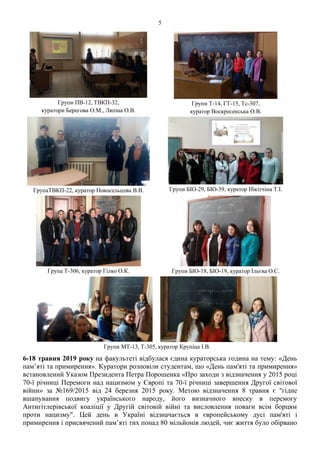 5
Групи ПВ-12, ТВКП-32,
куратори Берегова О.М., Ляпіна О.В.
Групи Т-14, ГТ-15, Тс-307,
куратор Воскресенська О.В.
ГрупаТВКП-22, куратор Новосельцева В.В. Групи БІО-29, БІО-39, куратор Нікітчіна Т.І.
Група Т-306, куратор Гілко О.К. Групи БІО-18, БІО-19, куратор Ільєва О.С.
Групи МТ-13, Т-305, куратор Крупіца І.В.
6-18 травня 2019 року на факультеті відбулася єдина кураторська година на тему: «День
пам’яті та примирення». Куратори розповіли студентам, що «День пам'яті та примирення»
встановлений Указом Президента Петра Порошенка «Про заходи з відзначення у 2015 році
70-ї річниці Перемоги над нацизмом у Європі та 70-ї річниці завершення Другої світової
війни» за №169/2015 від 24 березня 2015 року. Метою відзначення 8 травня є "гідне
вшанування подвигу українського народу, його визначного внеску в перемогу
Антигітлерівської коаліції у Другій світовій війні та висловлення поваги всім борцям
проти нацизму". Цей день в Україні відзначається в європейському дусі пам'яті і
примирення і присвячений пам’яті тих понад 80 мільйонів людей, чиє життя було обірвано
 