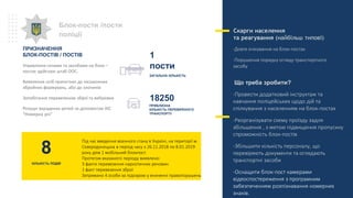 Під час введення воєнного стану в Україні, на території м.
Сєвєродонецька в період часу з 26.11.2018 по 8.01.2019
року діяв 1 мобільний блокпост.
Протягом вказаного періоду виявлено:
3 факти перевезення наркотичних речовин
1 факт перевезення зброї
Затримано 4 особи за підозрою у вчиненні правопорушень
ПРИЗНАЧЕННЯ
БЛОК-ПОСТІВ / ПОСТІВ
Управління силами та засобами на блок –
постах здійснює штаб ООС.
Виявлення осіб причетних до незаконних
збройних формувань, або до злочинів
Запобігання перевезенню зброї та вибухівки
Розшук вкрадених речей за допомогою АІС
“Номерна річ”
Блок-пости /пости
поліції
8
КІЛЬКІСТЬ ПОДІЙ
Cкарги населення
та реагування (найбільш типові)
-Довге очікування на блок-постах
-Порушення порядку огляду транспортного
засобу
Що треба зробити?
-Провести додатковий інструктаж та
навчання поліцейських щодо дій та
спілкування з населенням на блок-постах
-Реорганізувати схему проїзду задля
збільшення , з метою підвищення пропускну
спроможність блок-постів
-Збільшити кількість персоналу, що
перевіряють документи та оглядають
транспортні засоби
-Оснащити блок-пост камерами
відеоспостереження з програмним
забезпеченням розпізнавання номерних
знаків.
ЗАГАЛЬНА КІЛЬКІСТЬ
1
пости
ПРИБЛИЗНА
КІЛЬКІСТЬ ПЕРЕВІРЕНОГО
ТРАНСПОРТУ
18250
 